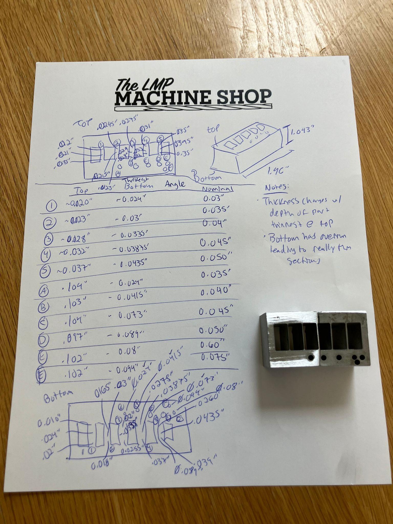 Handwritten machine shop tolerance notes